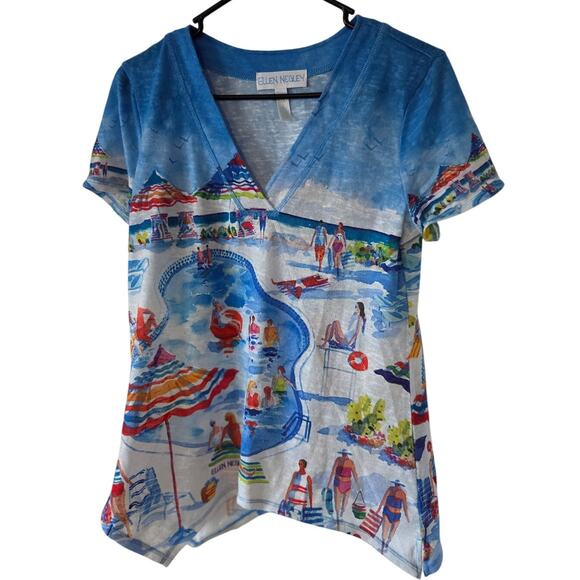 Ellen Negley Small Pool Scene Art Sol Tropical Blouse Shirt Beach Resort - Picture 1 of 8
